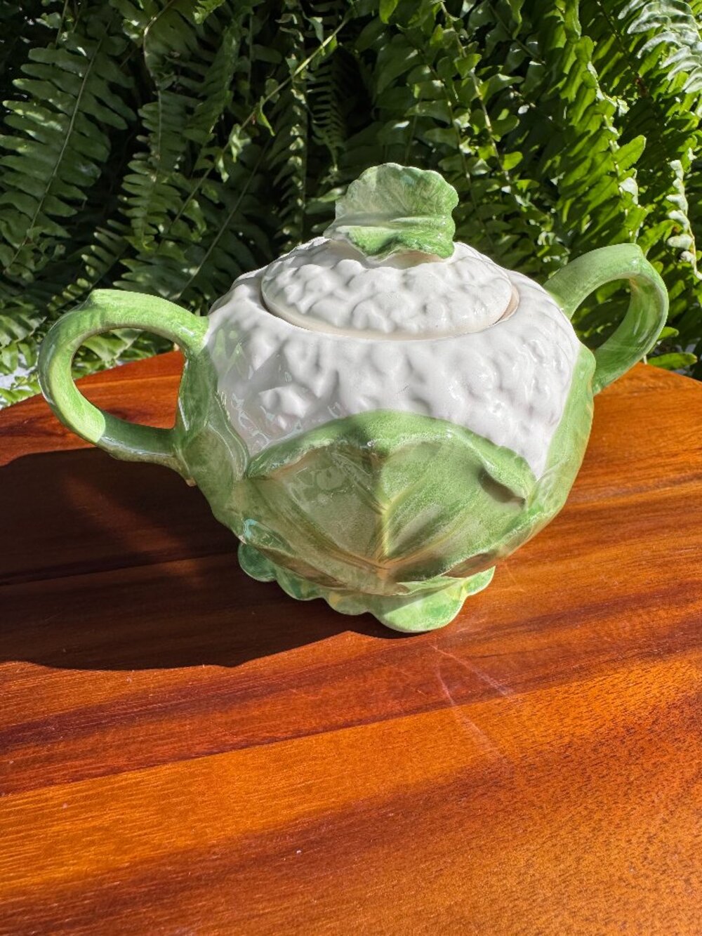 Rare Vintage Fitz & Floyd Cauliflower Sugar Bowl with Lid, Hand-Painted Majolica